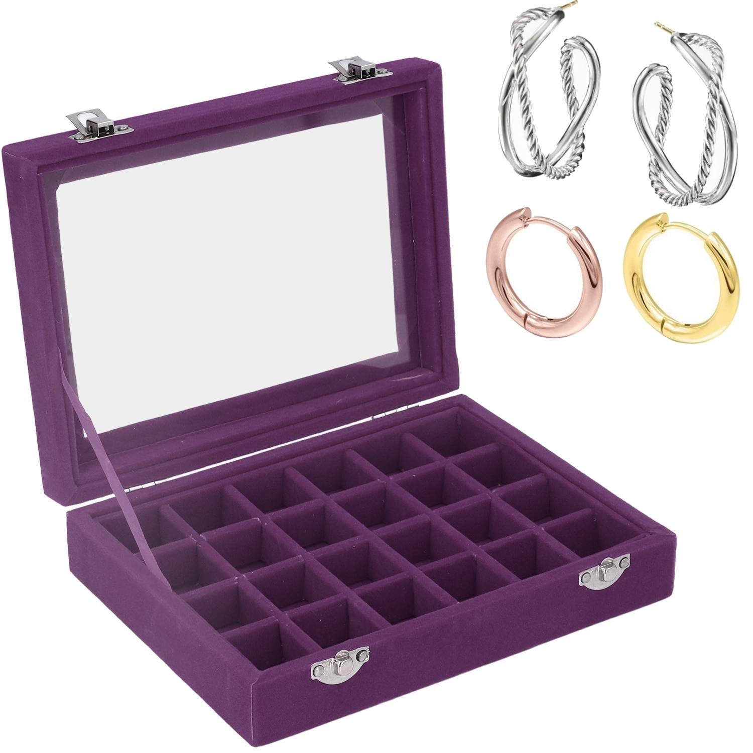 Boîte à Bijoux Velours Gris JSMTKJ - 24 Compartiments Avec Couvercle Verre Et Verrou