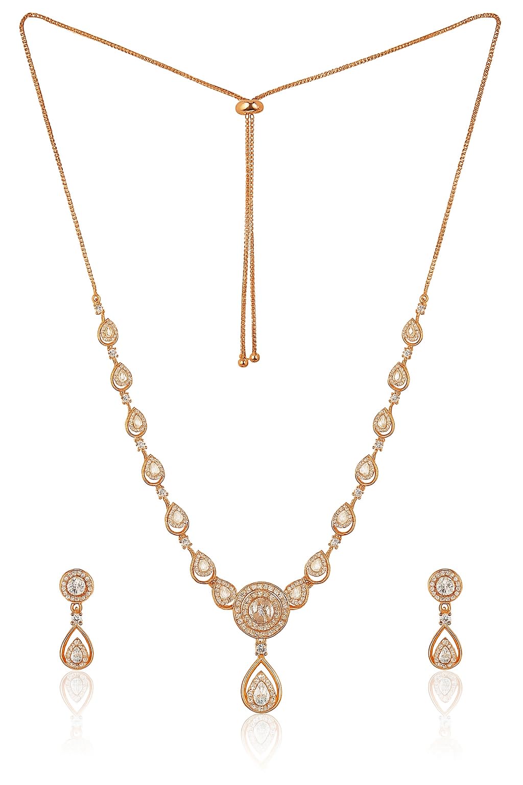 Stylish 18k Rose Gold Plated American Diamond Chain Pendent Necklace & Earrings Set for Women & Girls, Luxury AD Pendant Gift Set for Women, Girls & Her