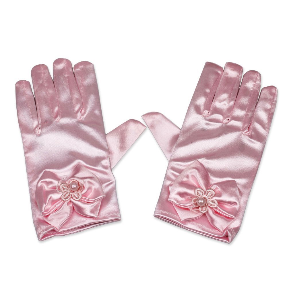 RUNHENG Flower Girl Stretchy Satin Bowknot Wrist Length Gloves, 16cm (Pink)