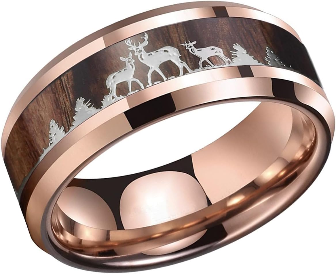 (8mm) Unisex or Men's Hunting/Deer Crossing Wedding Ring Band. Rose Gold Tungsten Carbide Ring with Deer Family Silhouette over Real Koa Wood. Hunter's Wedding Band.