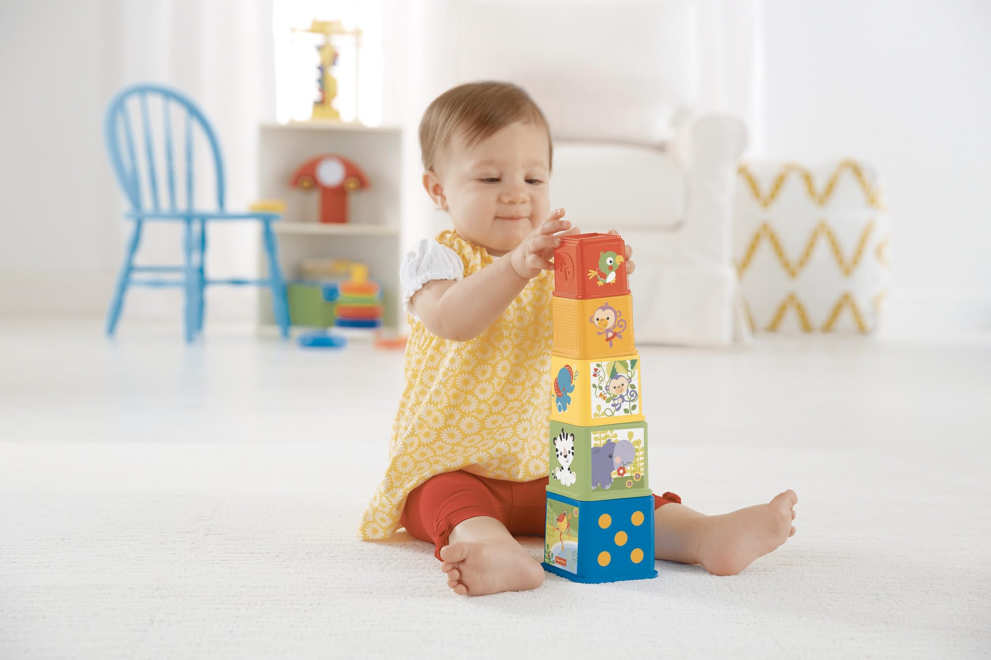 Fisher-Price - Blocchi degli Animali, set di 5 blocchi colorati con facce illustrate, da incastrare e impilare per un divertimento sensoriale, giocattolo per bambini, 6+ mesi, CDC52