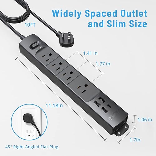 Miniatura 5 de TROND Regleta de protección contra sobretensiones con USB, enchufe plano ultrafino de 10 pies de largo, cable de extensión de 1625 W, 3 USB A y 1