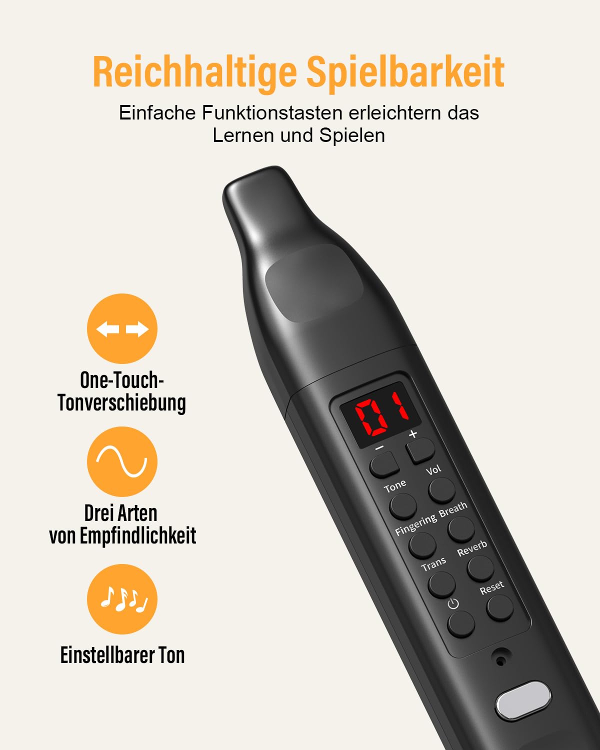 Instrument à soufflage numérique noir, prise en charge Bluetooth, MIDI, instrument à souffler électronique avec câble d'alimentation