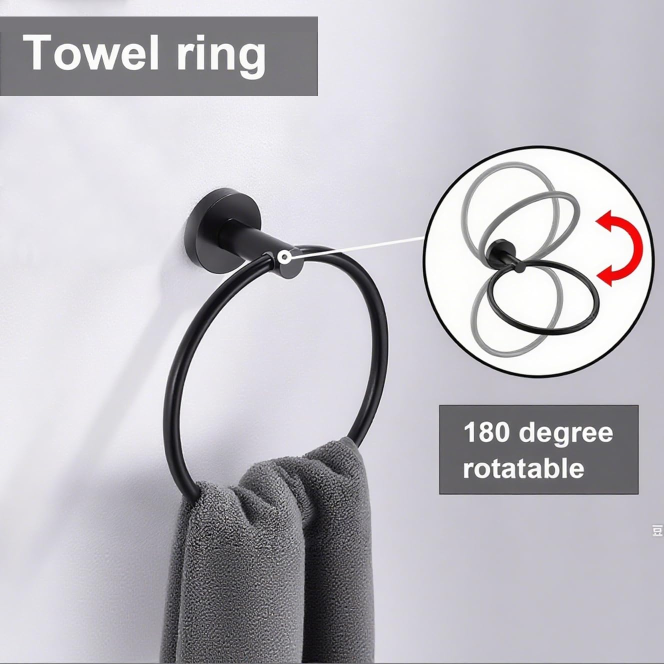 Lot de 6 accessoires de salle de bain noir mat 60 x 5,1 cm, 2 crochets porte-serviettes, 2 pièces en acier inoxydable SUS 304, très résistant, montage mural
