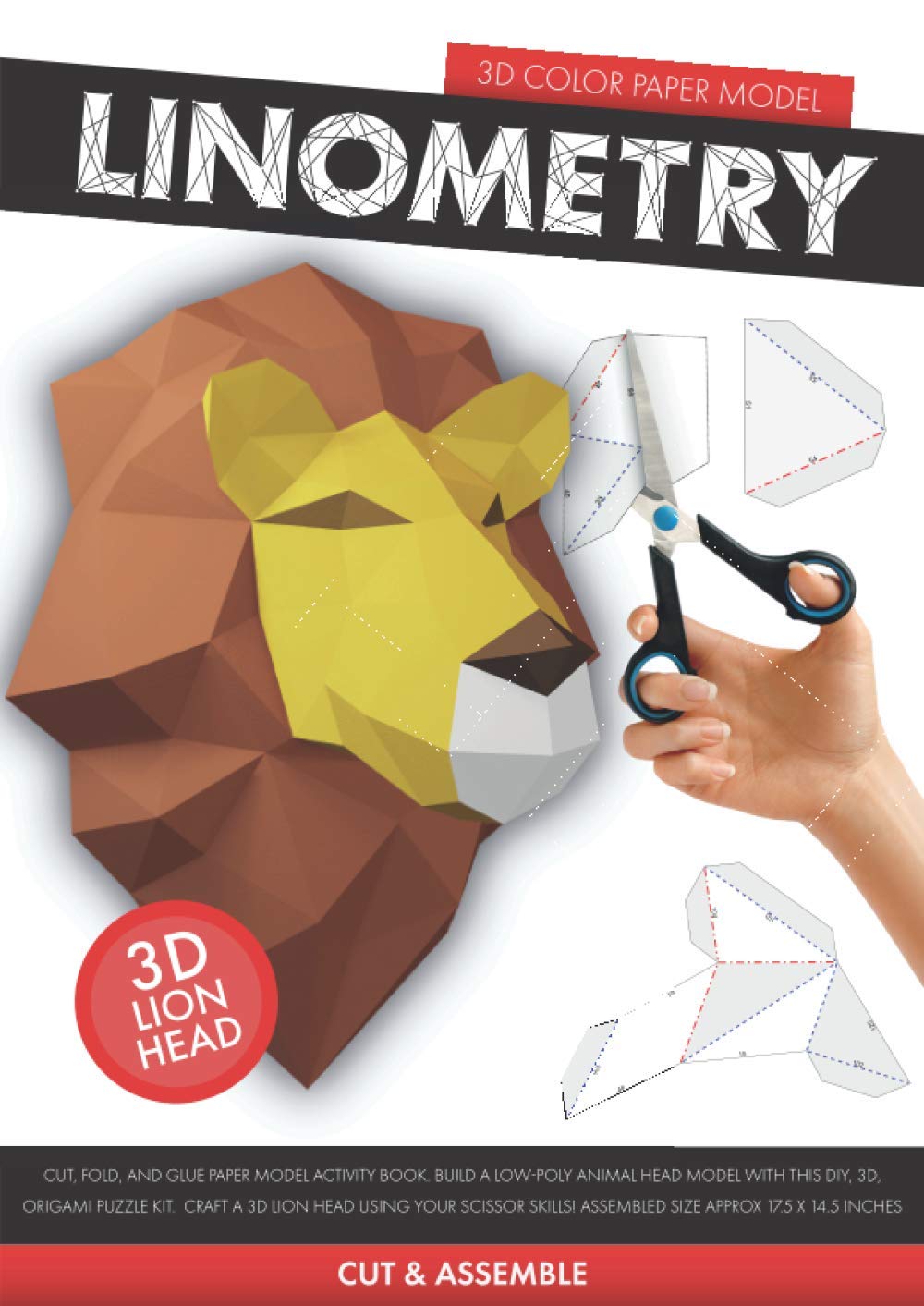 Linometry - 3D Lion Paper Model: A cut, fold, and glue paper model activity book. Build a low-poly animal head model with this DIY, 3D, origami puzzle ... ASSEMBLED SIZE APPROX 17.5 X 14.5 inches