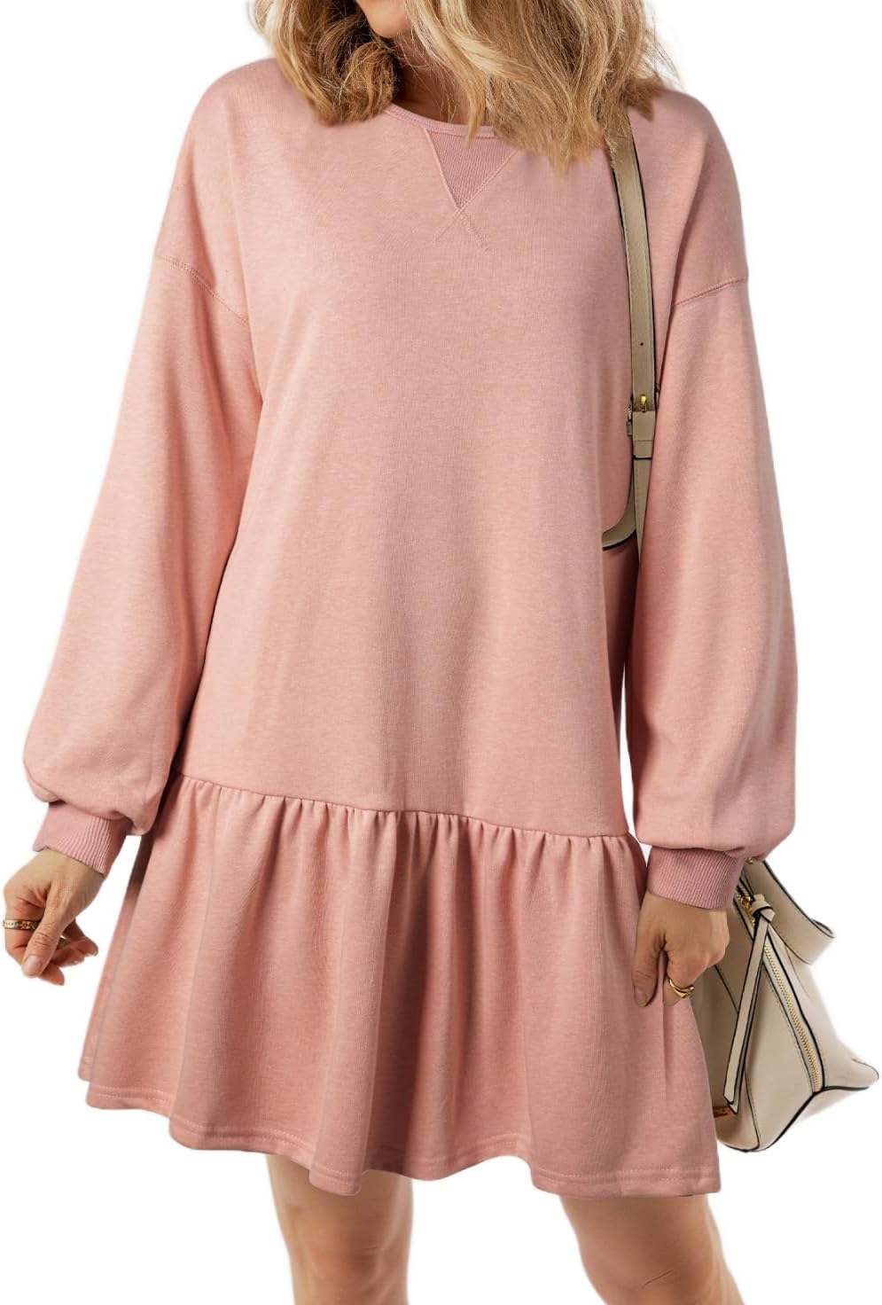 BLENCOT Womens 2025 Fall Long Sleeve Pullover Tops Crewneck Rib Knit Patchwork Sweatshirt Dress Casual Mini Dresses