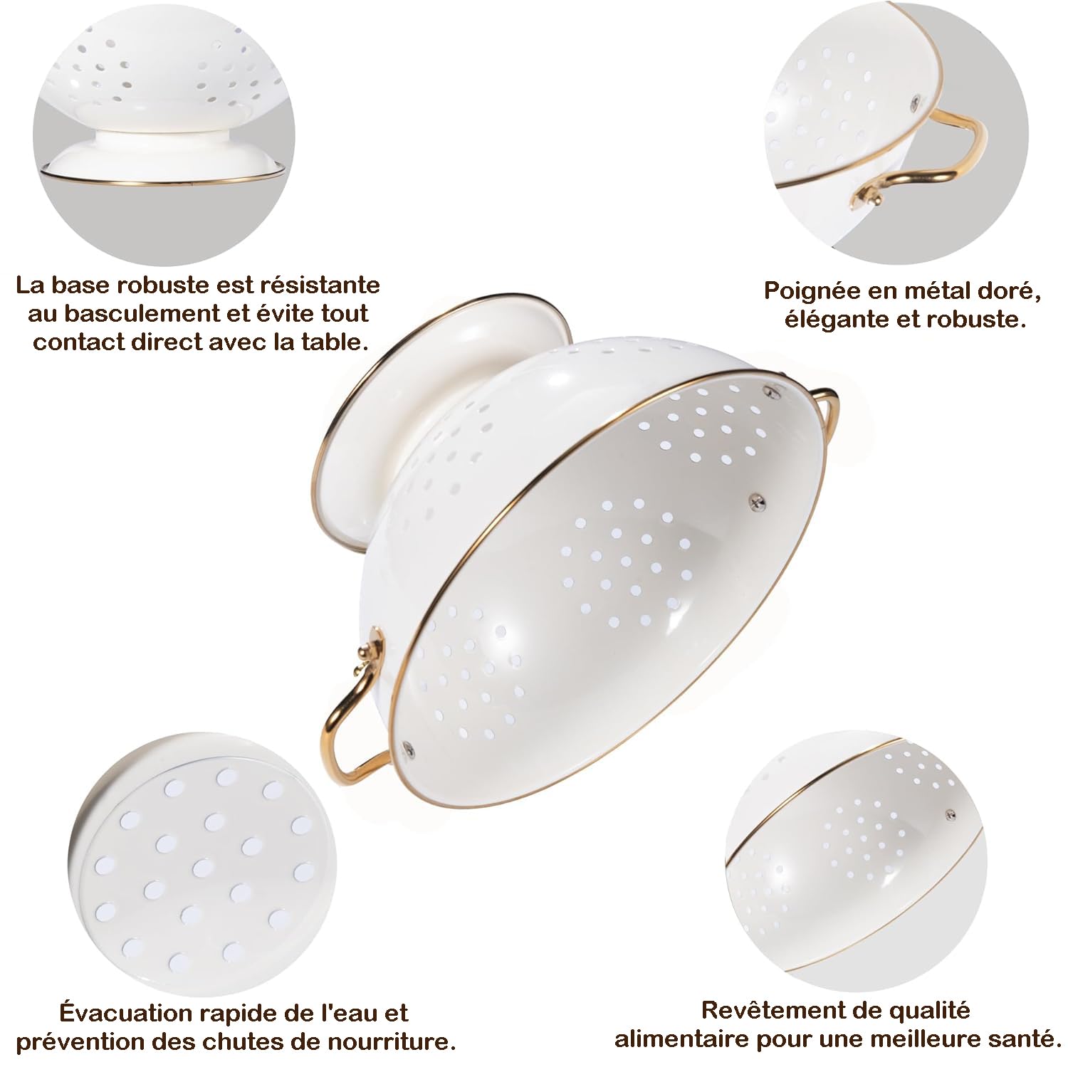 Lot de 3 Passoire Cuisine (16cm & 23cm & 28cm), Or Rose Poignées Ergonomiques, Base Design Anti-bascule, Passoires Métal pour Pâtes, Légumes et Fruits​ (Crème)