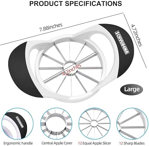 Vista 16 de SCHVUBENR Cortador de manzana grande de 4.72 pulgadas con 12 cuchillas, cortador profesional de manzana, descorazonador de manzana de acero Rojo