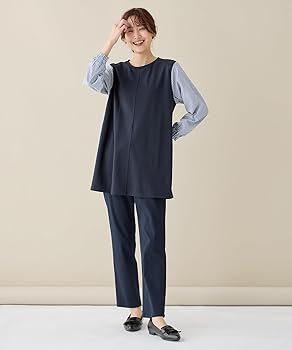 ビッキー 長袖 ネイビー シフォン ドッキング チュニック カジュアル