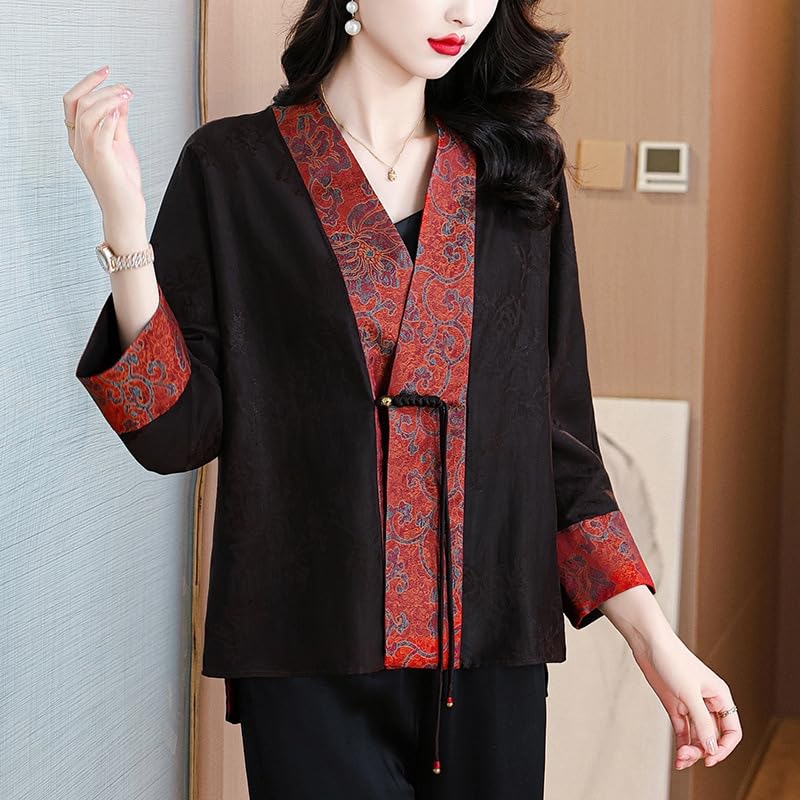 Women's Vintage Chinese-Style Short Silk Jacket,Autumn Open Front Blouse2