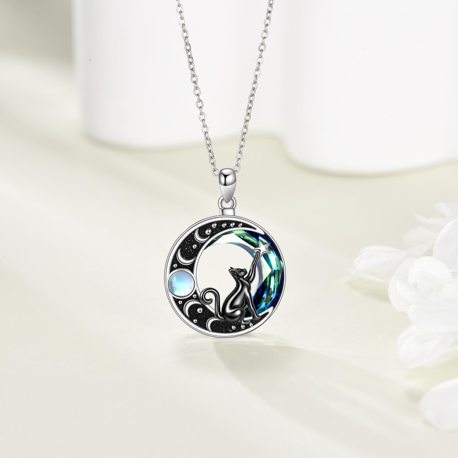 JERWLI Katzen-Halskette mit Mond 925er Sterlingsilber Katzen-Kristall-Halskette Mondstein-Schmuck Weihnachts- und Valentinstagsgeschenke für Frauen