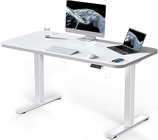 Flamaker Height Adjustable Standing Desk Whole Board, 120 x 60 cm Electric Desk Sit Stand Desk Adjustable Desk Home Office Desk with Wheels, White Desktop+White Frame