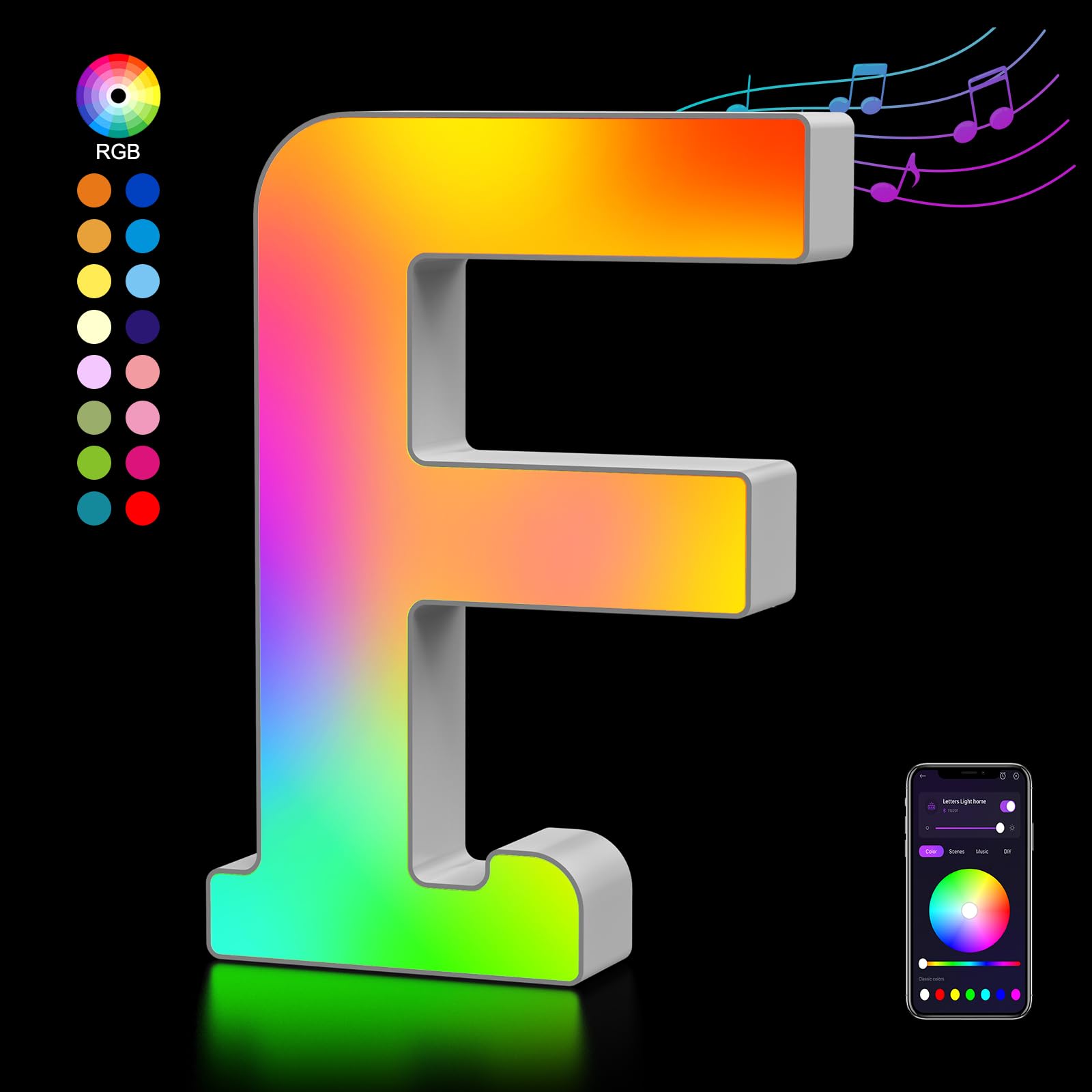 Lettere Luminoso con USB, APP Controllo Luci LED di Lettera Alfabeto, Figura a Cuore con Luce Colorate RGB per Decorazione e Atmosfera, Luci Notturne Scrivania, Compleanni, Matrimoni, Vetrine - F