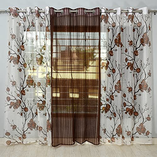 Image of Premium Polyester Floral Sheer Printed Net Combination Transparent Beautiful Curtains Set of 3 Piece for Door Brown 8 Feet