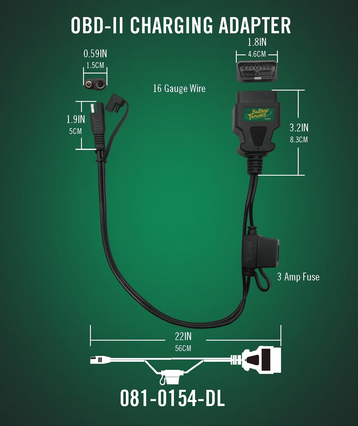 Battery Tender OBDII Adapter Cable for 12V Battery Charging - 22 Inch Cord - Solar Compatible - Charge Vehicle's 12V Battery Through OBD II Port - 081-0154-DL