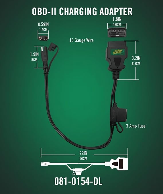 Battery Tender OBDII Adapter Cable for 12V Battery Charging - 22 Inch Cord - Solar Compatible - Charge Vehicle's 12V Battery Through OBD II Port - 081-0154-DL