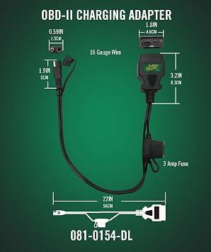 Battery Tender OBDII Adapter Cable for 12V Battery Charging - 22 Inch Cord - Solar Compatible - Charge Vehicle's 12V Battery Through OBD II Port - 081-0154-DL
