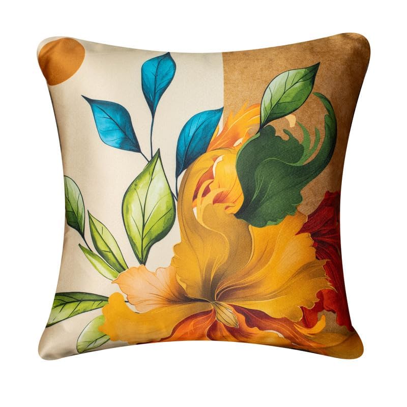 Image of Decorative Satin Sofa Cushion Covers Set of 5, 16 x 16 Inches, Multicolor Floral Printed Pillow Covers for Living Room, Bedroom, Couch & Sofa, Soft Glossy Fabric, Zipper Closure