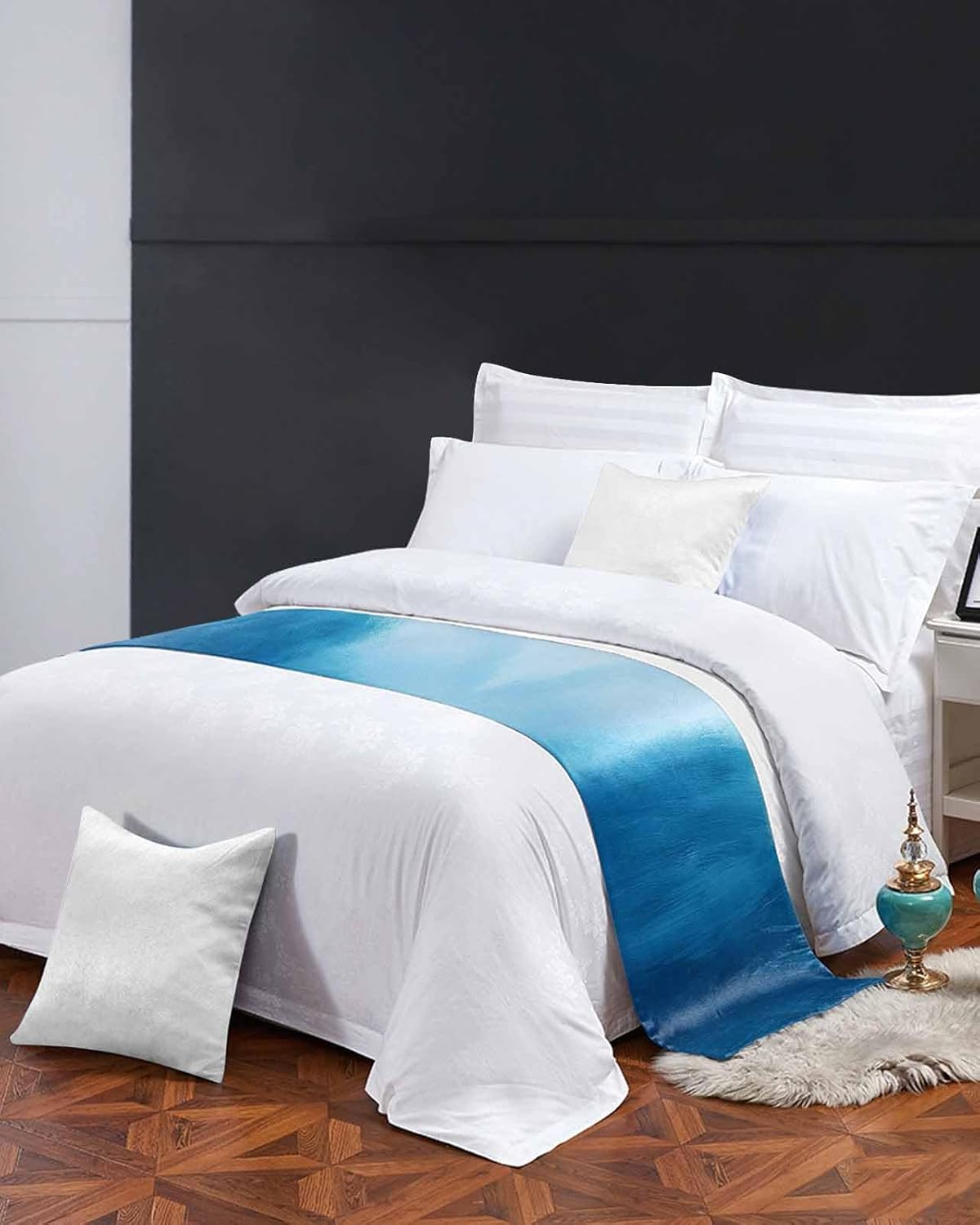 Yukro Bed Runner Scarf, Abstract Art Ocean Waves Sky Blue Gradient Sea Painting Style Twin Bed Scarf Runner, No Fading Decorative Bedding Scarf for Bedroom Hotels Homes and Guestrooms