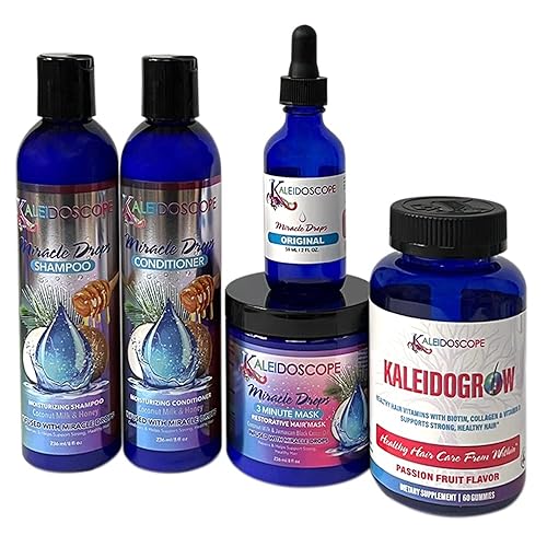 Kaleidoscope - Champú Miracle Drops, acondicionador, máscara de 3 minutos, gotas milagrosas originales y vitaminas Kaleidogrow, paquete de 5 piezas