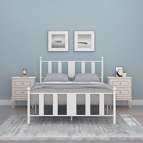 Miniatura 19 de Base de cama de metal tamaño Queen con cabecero y estribo de estilo vintage victoriano, base de cama no necesita somier, cama de plataforma con 10