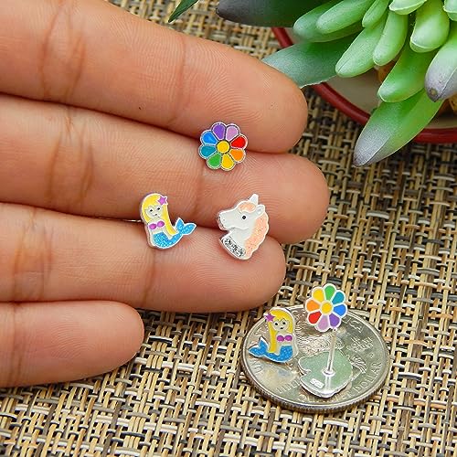 925 Sterling Silver Set of 3 Pairs Rainbow Flower, Mermaid, Unicorn Stud Earrings (Nickel Free)2