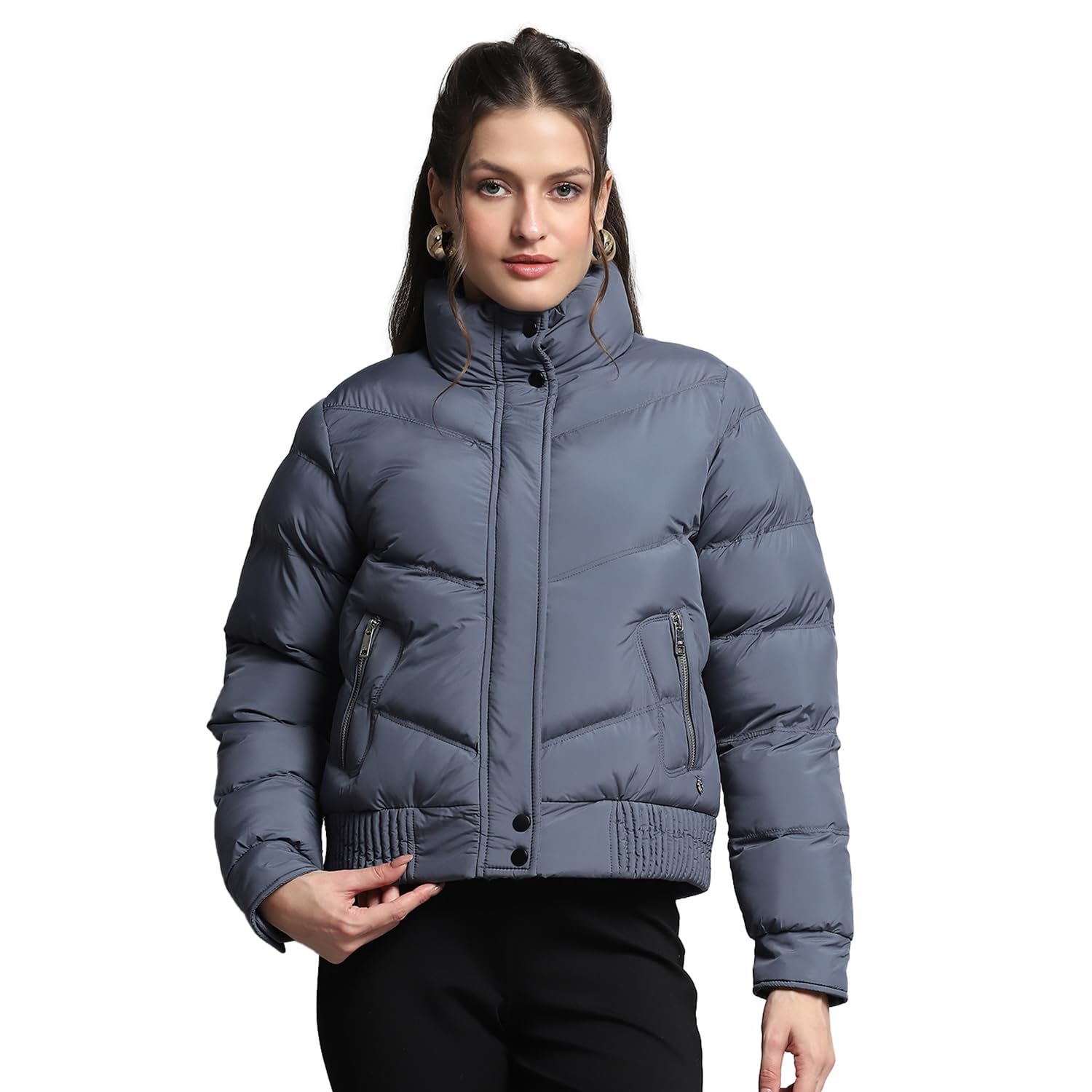 monte carlo Womens Solid Blue Mock Neck Full Sleeve Jacket-picture-10
