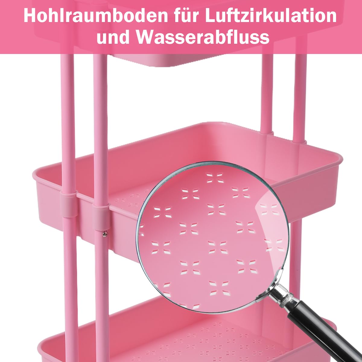 COSTWAY Servierwagen auf Rollen, mobiler Wagen mit 3 Ebenen & Griff, Rollwagen aus Metall, 3 Gitterkörbe aus Kunststoff, Küchenrollwagen Badwagen Allzweckwagen, für Bad Küche Wohnzimmer (Rosa)
