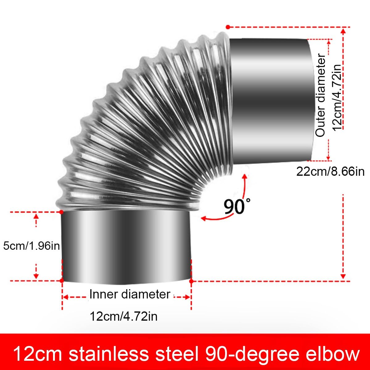 Tubo a Gomito da 90°, Gomito da 90 Gradi in Acciaio Inossidabile, Curva per Rivestimento Camino da 12 cm, Tubo per Stufa, Curva per Esterni
