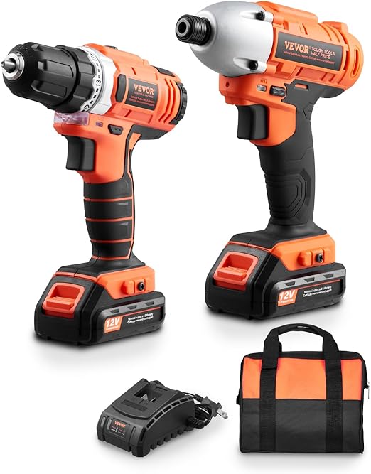 VEVOR Tool Combo Kit, 12V Max Cordless 2-Tool Combo Kit, with 3/8 in Drill, 1/4 in Impact Driver, Compact Cordless Power Tool Combo Kit with 2.0 Ah Batteries, Screws, One Charger, and One Cloth Bag