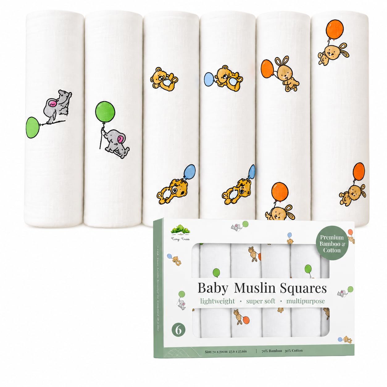 Tiny Trees Men's White Tiny Trees® Baby Muslin Cloths 6 Pack | 70X70cm Printed Cotton & Bamboo