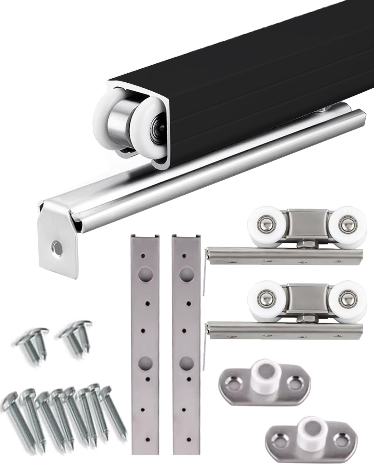 Minglez One Color Sliding Door Kit Single Pocket Sliding Door Track Hardware Set Heavy Duty, 60 Inch / 66 Inch / 80 Inch Barn Door Rail Kit For Cabinet, Garage Door Hanger Kit Black(101.6Cm/40Inch)