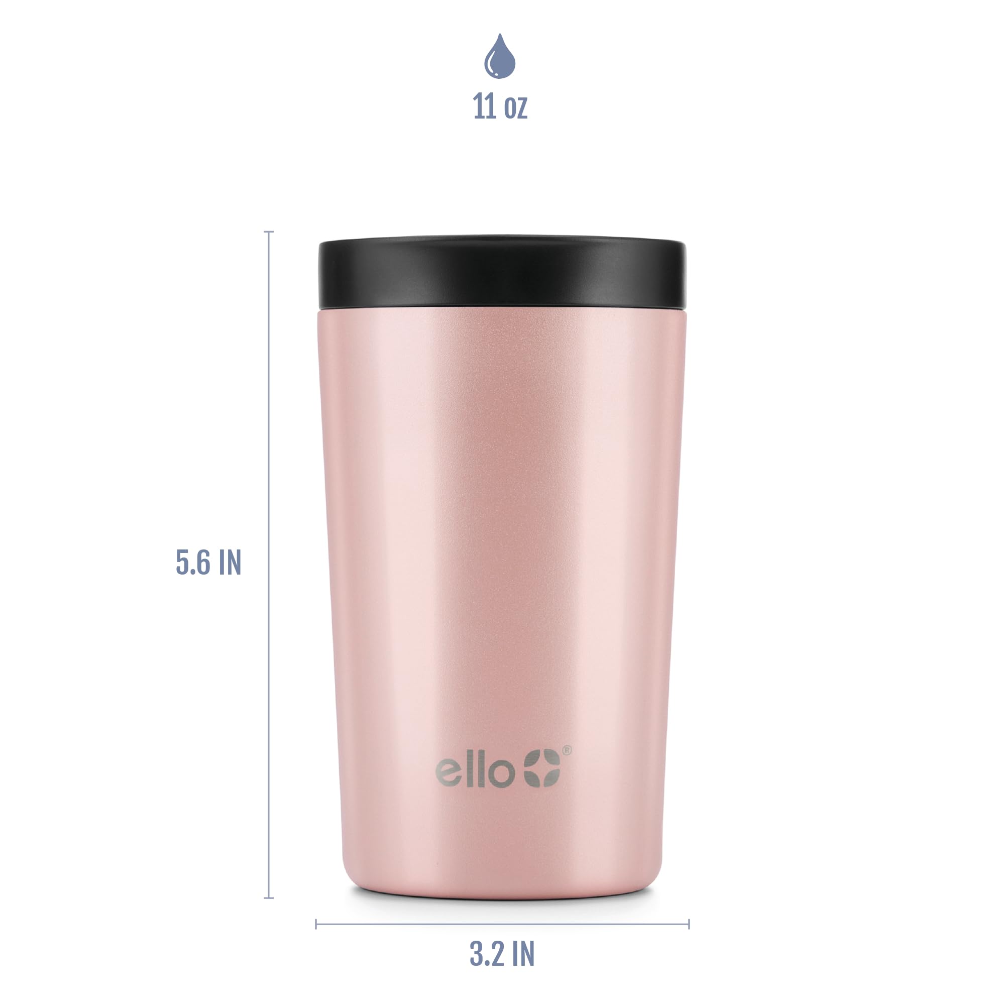 Ello Jones Taza de café de viaje de acero inoxidable, taza de té de viaje, 11 onzas, oro rosa