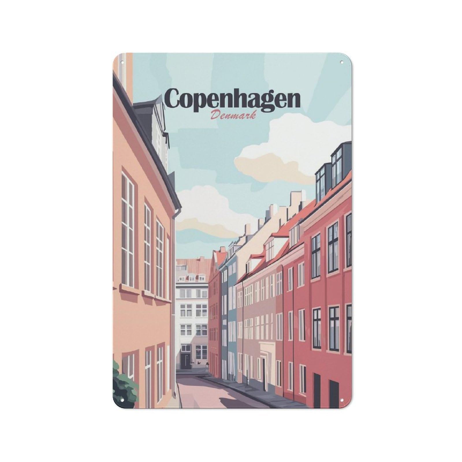 Copenhagen, Denmark Cityscape Illustration Tin Sign 30x20cm, Modern Vintage Creative Space Decor for Hobby Room, Office, Lounge Or Living Room