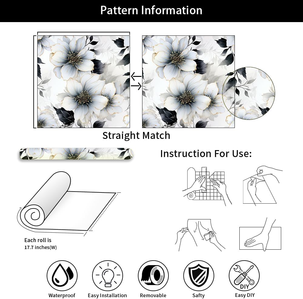 REDAMANCY Black and White Glitter Peony Flower Vintage Luxurious Peel and Stick Wallpaper Vintage Wall Paper Stick on Contact Paper Easy Peel Off for nightstand Drawer Renter Friendly 17.7"x236"