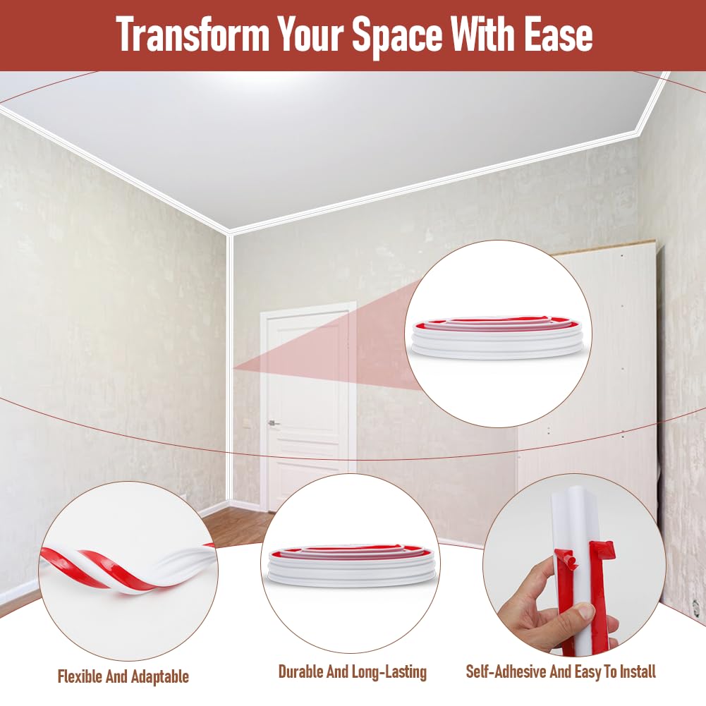 Molduras decorativas flexibles autoadhesivas de techo de 42 x 30 mm, molduras de estuco para pared o techo, para encimeras de cocina, ideal para salón, cocina, baño, bricolaje (blanco-3 m)