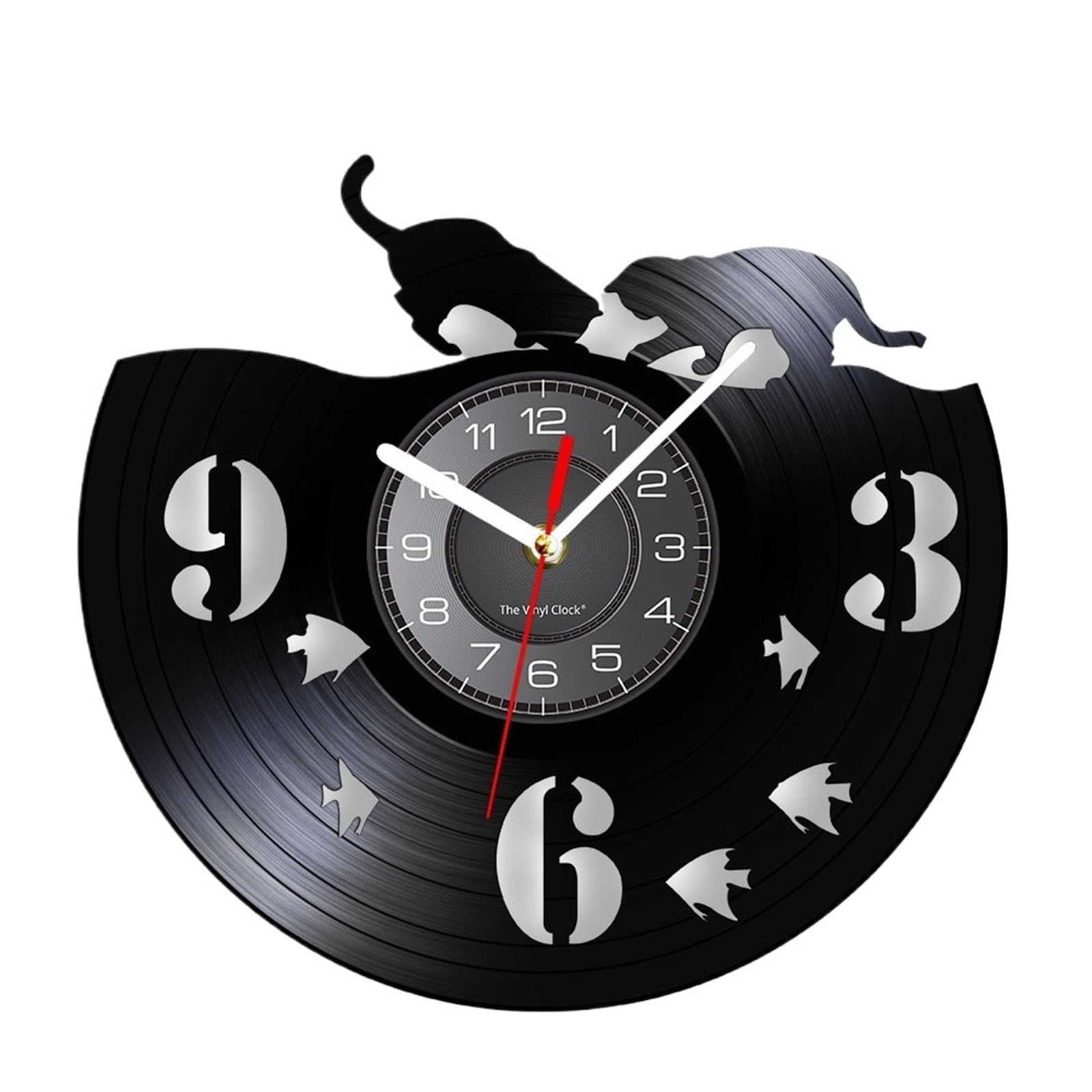LUYSGBXR Cat Clock Adorable Cat And Fishbowl Funny Wall Art Clock On Vinyl Record Kitten Decorative(WHITE)