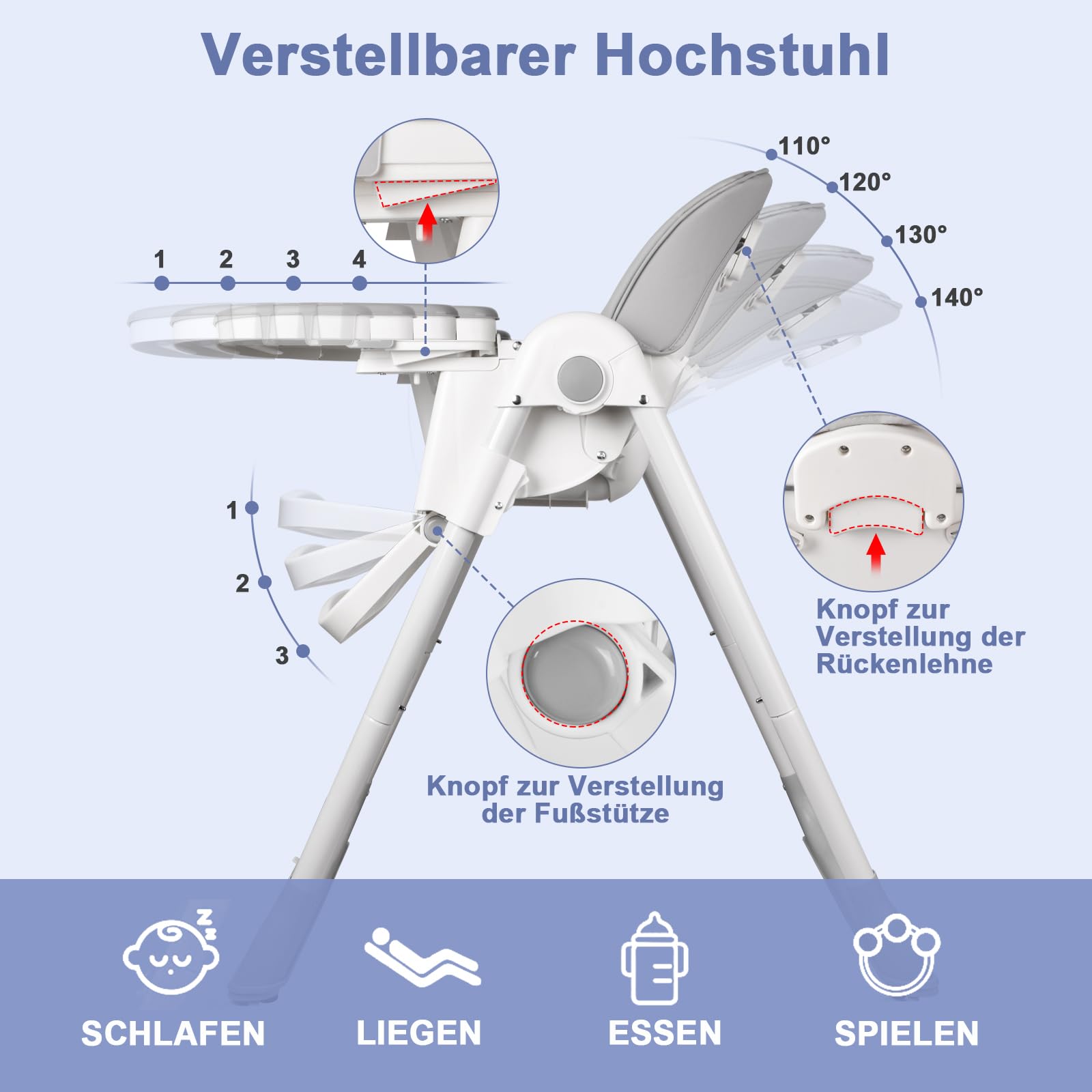Hochstuhl Baby, Kinderhochstuhl mit Babyliege, Verstellbar Klappbar Hochstuhl Baby mit Essbrett,Korb, mitwachsend ab 6–36 Monate Jahre Babystuhl,Grau
