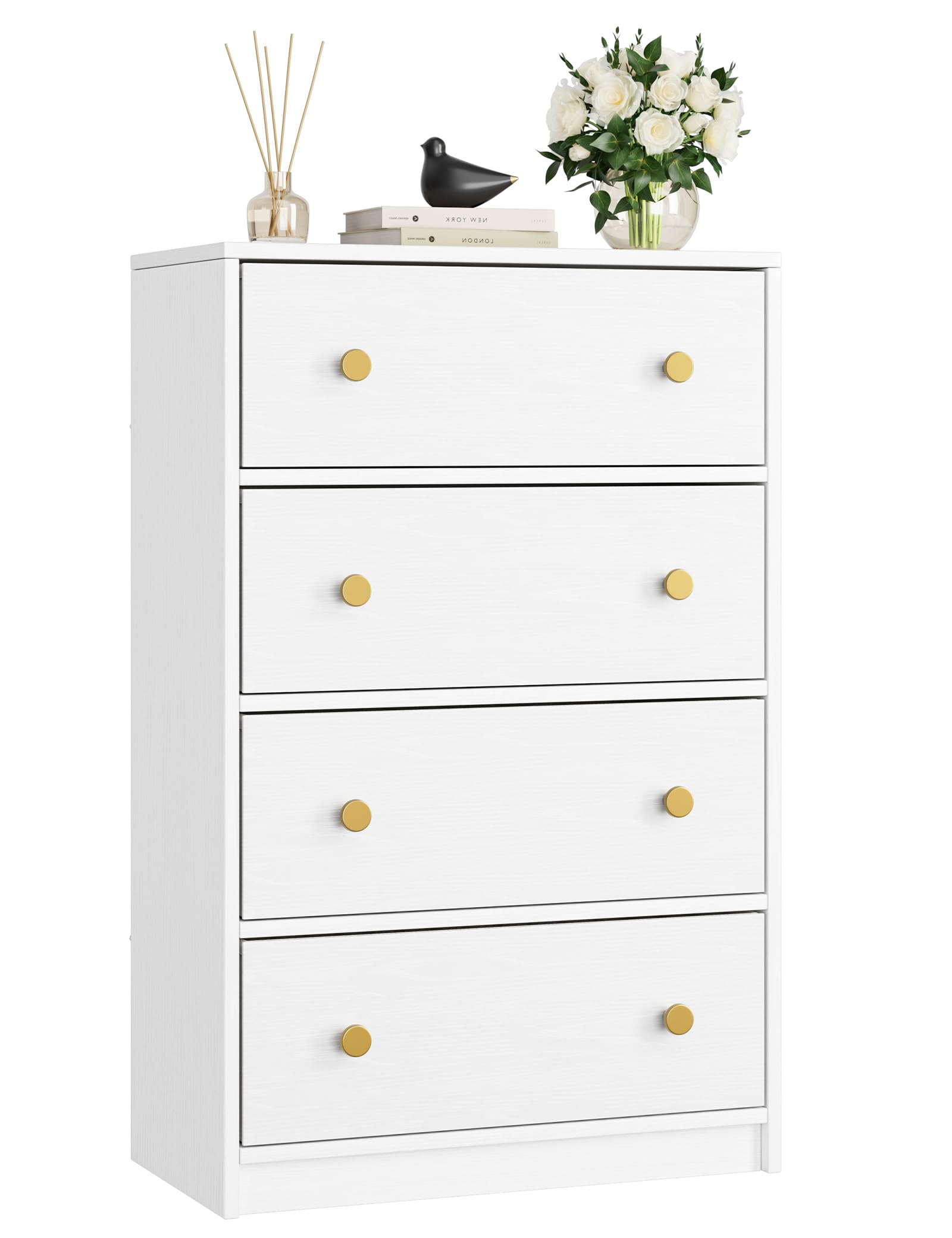 Nicehill White Chest of Drawers with 4 Drawers, Wooden Frame & Gold Handles, Fabric Chest of Drawers for Bedroom, Living Room, Hallway, Entryway, White