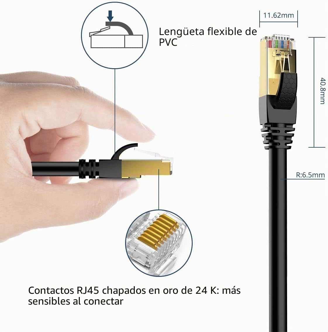 VEEtOP Cable Ethernet Cat 8 de Red con Conectores rj45 Oro para 40 Gigabit Internet LAN 2m Negro
