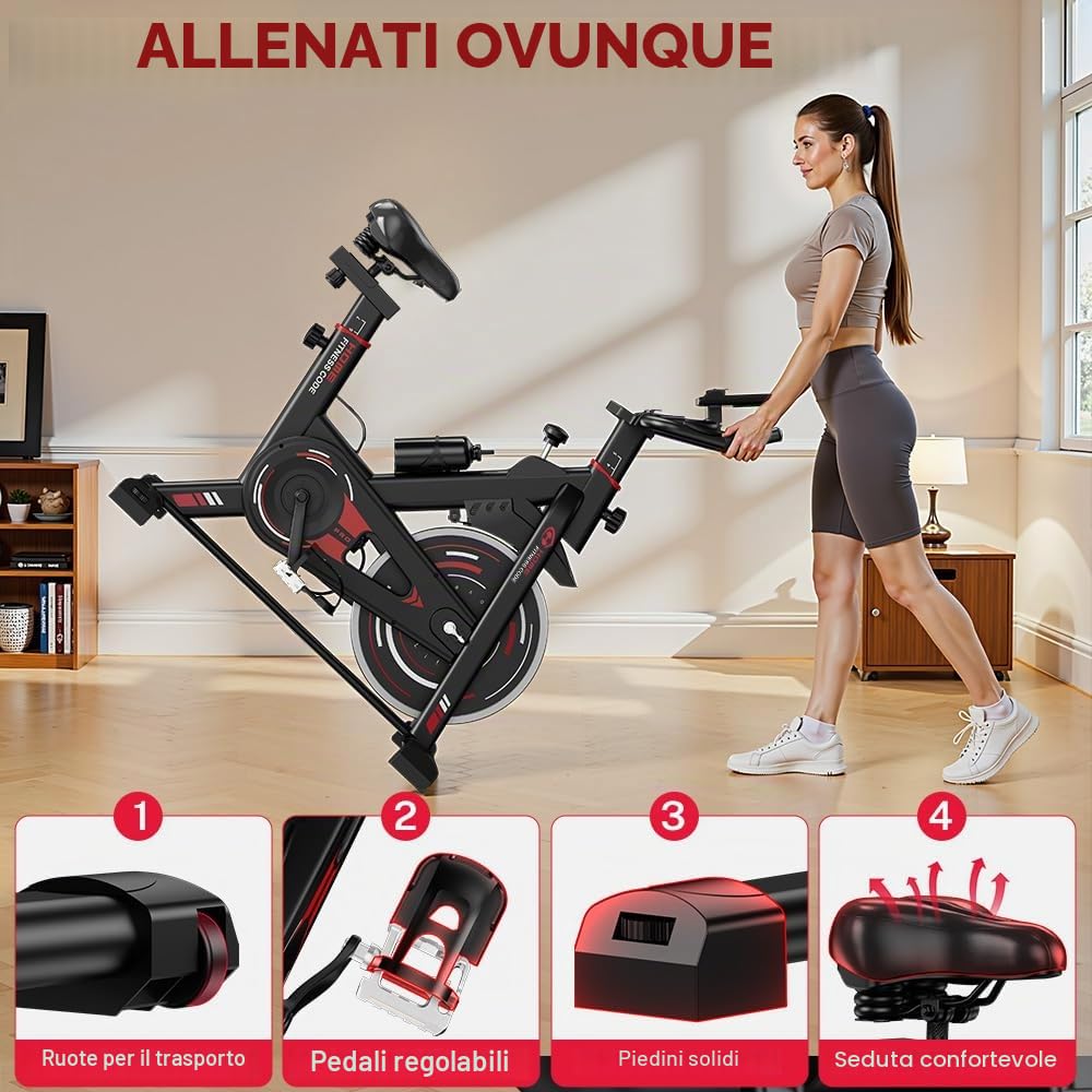 Cyclette stazionaria, Spin Bike Attrezzature da palestra domestica, sedile e manubrio regolabili, monitor LCD e supporto per tablet, resistenza da 0 a 100%, allenamento cardio