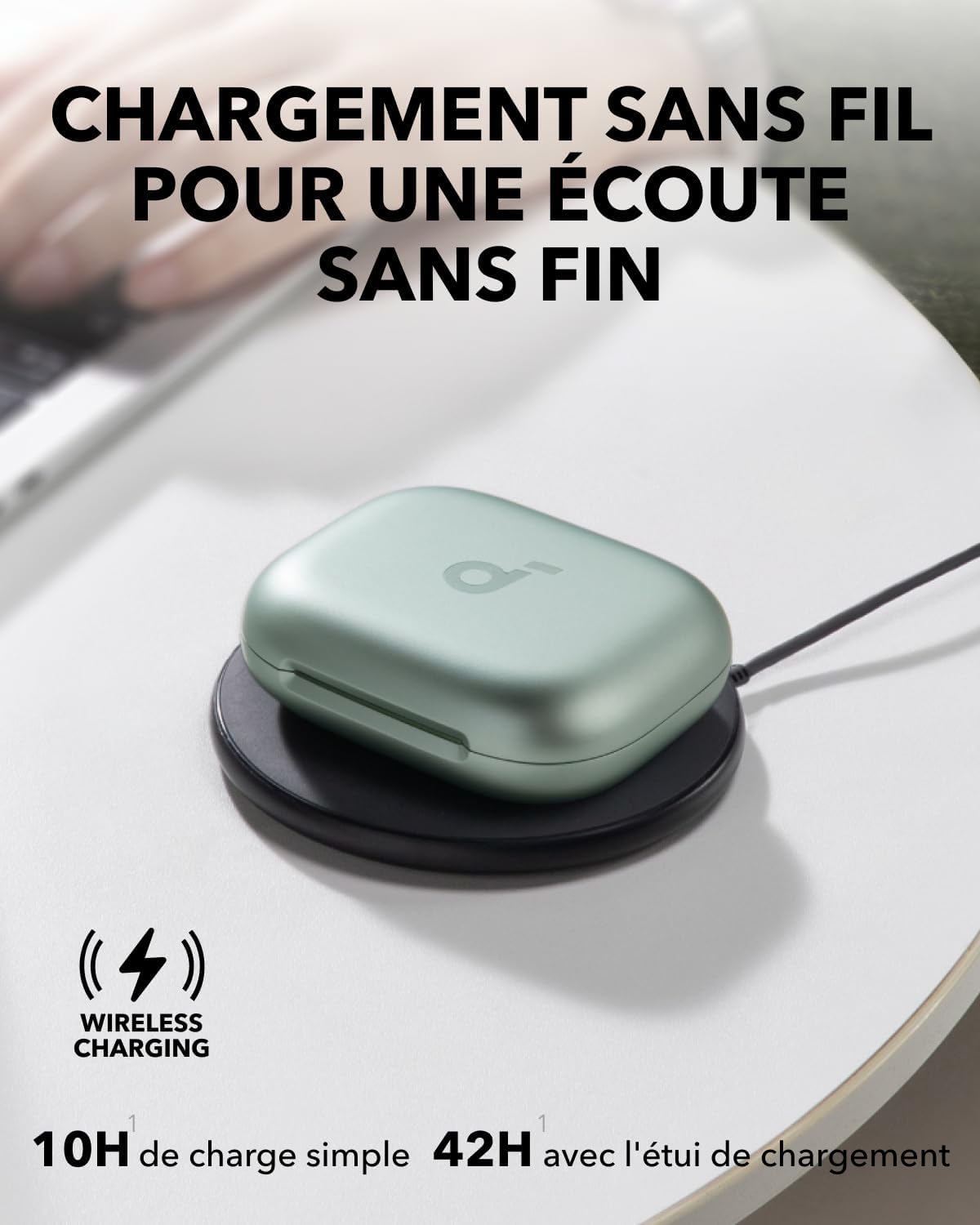 Soundcore AeroFit 2 charging case on a wireless charging pad