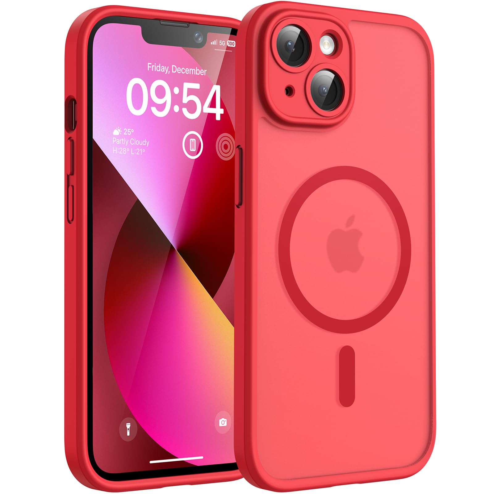 TOCOL Cover Magnetica per iPhone 13 6,1 Pollic, Compatibile con MagSafe, Protezione Fotocamera Integrata, Custodia Antiurto Traslucida Opaca, Rosso