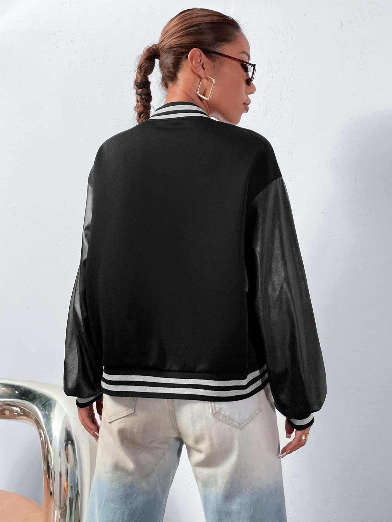 MUUNY Chaquetas Para Mujer -Chaquetas Con Letras Gráficas De Hombros Caídos, Bloque De Color, Chaqueta Varsity Para Mujer (Color: Marrón, Talla: XS