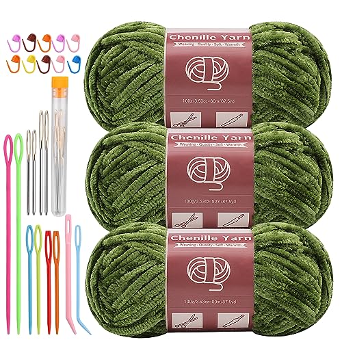 Image of LUNARM Chenille Yarn 3 Pack 3.5oz Chunky Blanket Velvet Yarn 263 Yard | Olive-Green Chunky Chenille Yarn for Beginners Crocheting Hand Knitting Scarves with Big Eye Needles Machine Washable
