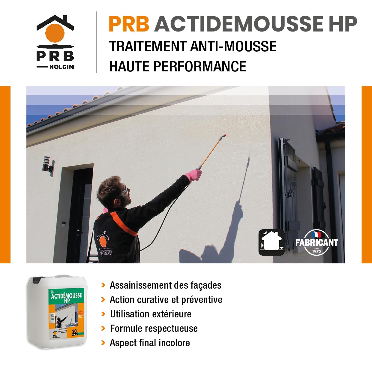 Traitement Anti-Mousse Haute Performance ACTIDEMOUSSE 20L - Curatif et Préventif Incolore - Élimine Mousses, Lichens, Moisissures - Façades, Murs, Toitures Extérieurs