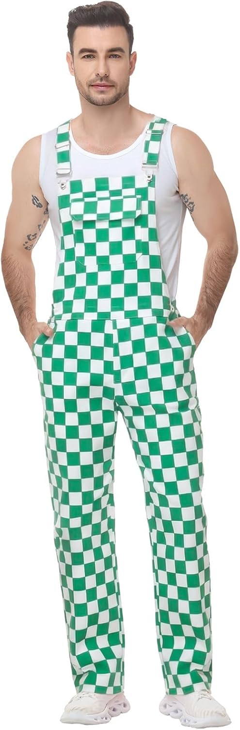 Checkered Denim Bib Overalls for Men – Long Work Jean Overalls with Adjustable Shoulder Straps