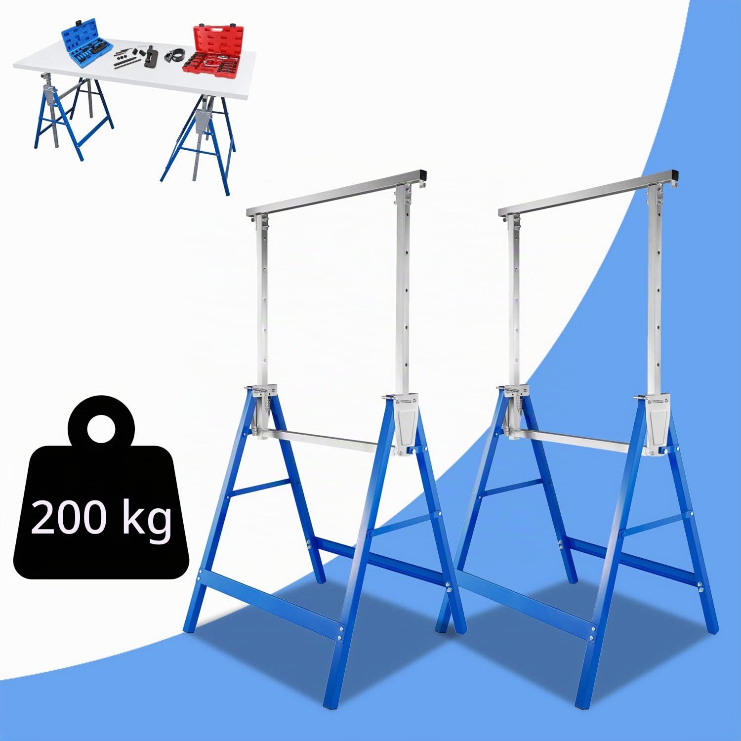 Herrselsam Cavalletto da lavoro, set da 2 cavalletti, regolabile in altezza in 7 posizioni, 80-130 cm, stabile capacità di carico 200 kg, telaio in metallo, blu