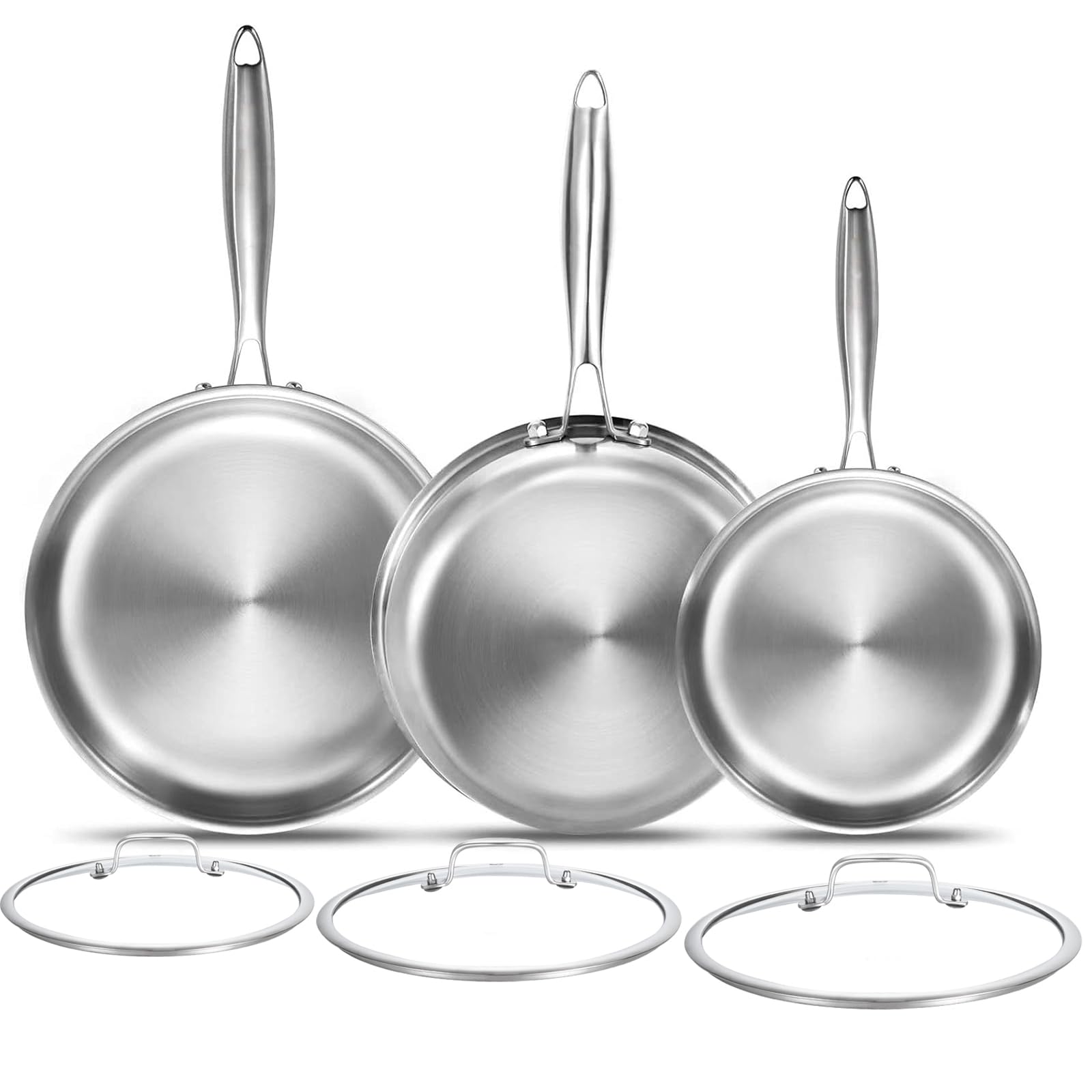 DELARLO Tri-ply Stainless Steel Frying Pan Set with Lid 8" 10" 12" Induction large Skillets Chef's Pan,Pots and Pans Set Kitchen Cookware Set Suitable for All Stove