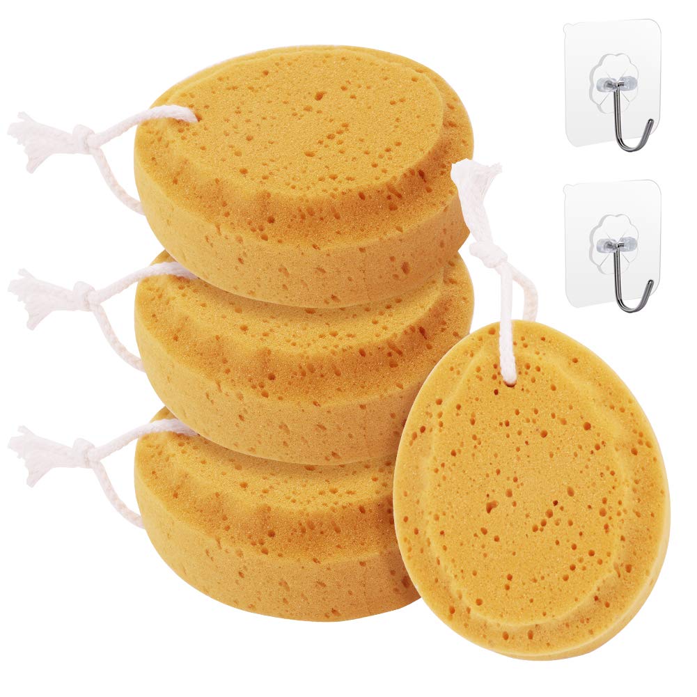 Esponja de Baño,4PCS Esponja Exfoliante de Baño,Esponja de Mar Natural con 2PCS Ganchos Adhesivos para Adultos y Niños Mujeres y Hombres